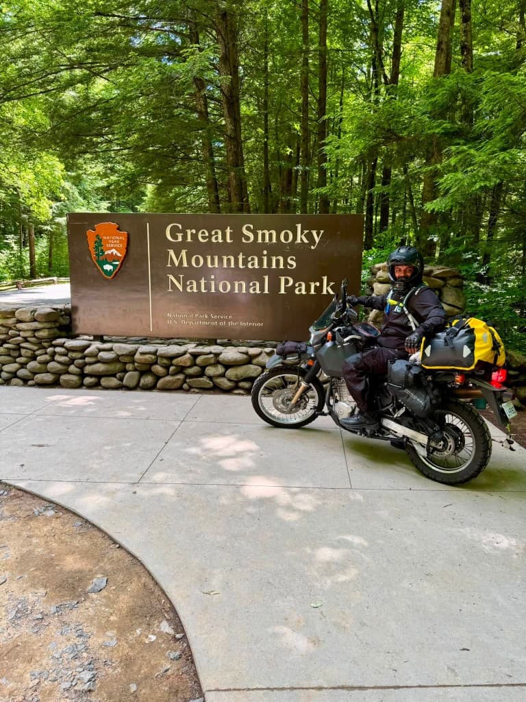 Great Smoky Mountains National Park entrance with loaded motorcycle