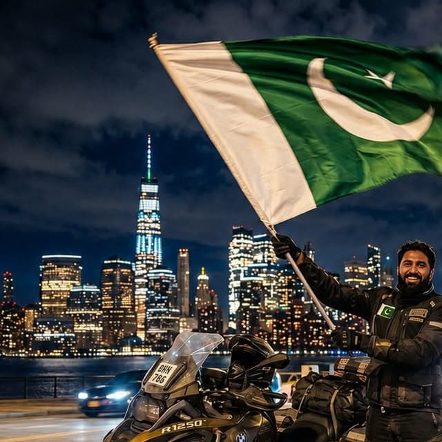 U.S. solo ride carrying the Pakistani flag